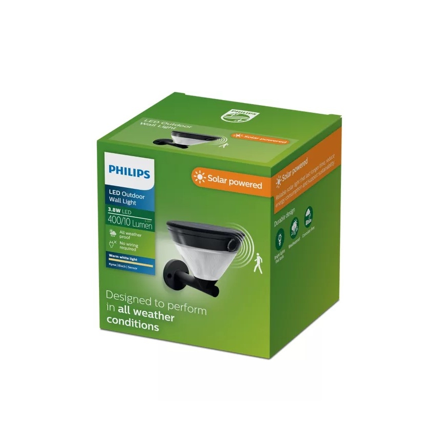 Philips - Applique murale solaire LED avec détecteur KYNA LED/3,8W/3,7V 800 mAh 2700K IP44 noire