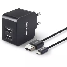 Philips DLP2307U/12 - Adaptateur de charge 2xUSB/15,5W/230V + câble micro USB 1m