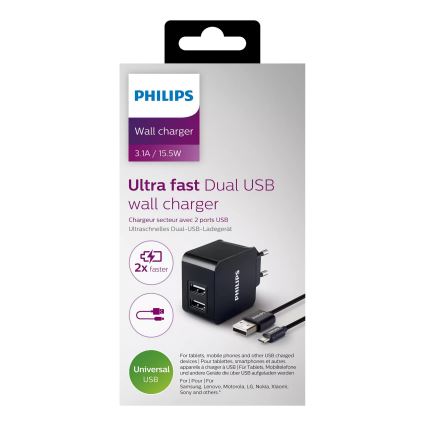 Philips DLP2307U/12 - Adaptateur de charge 2xUSB/15,5W/230V + câble micro USB 1m