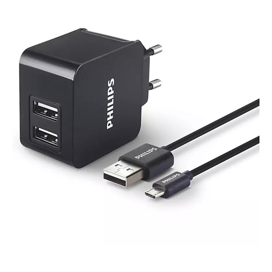 Philips DLP2307U/12 - Oplader 2xUSB/15,5W/230V + kabel micro USB 1m