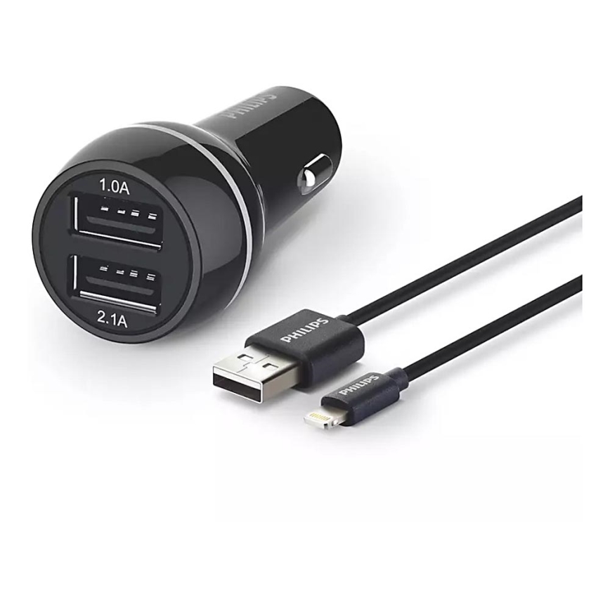 Philips DLP2357V/10 -Autolader 2xUSB/12V + kabel USB/lightning aansluiting