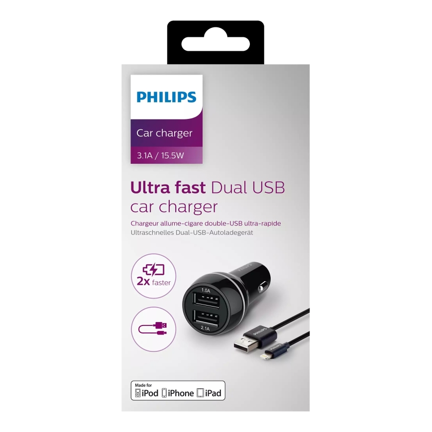 Philips DLP2357V/10 -Autolader 2xUSB/12V + kabel USB/lightning aansluiting