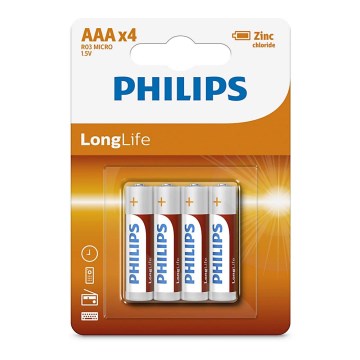 Philips R03L4B/10 - 4 st. Zinkchloride batterij AAA LONGLIFE 1,5V 450mAh