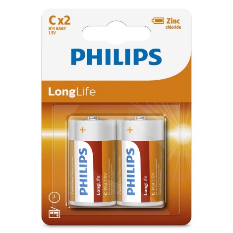 Philips R14L2B/10 - 2 st. Zinkchloride batterij C LONGLIFE 1,5V 2800mAh