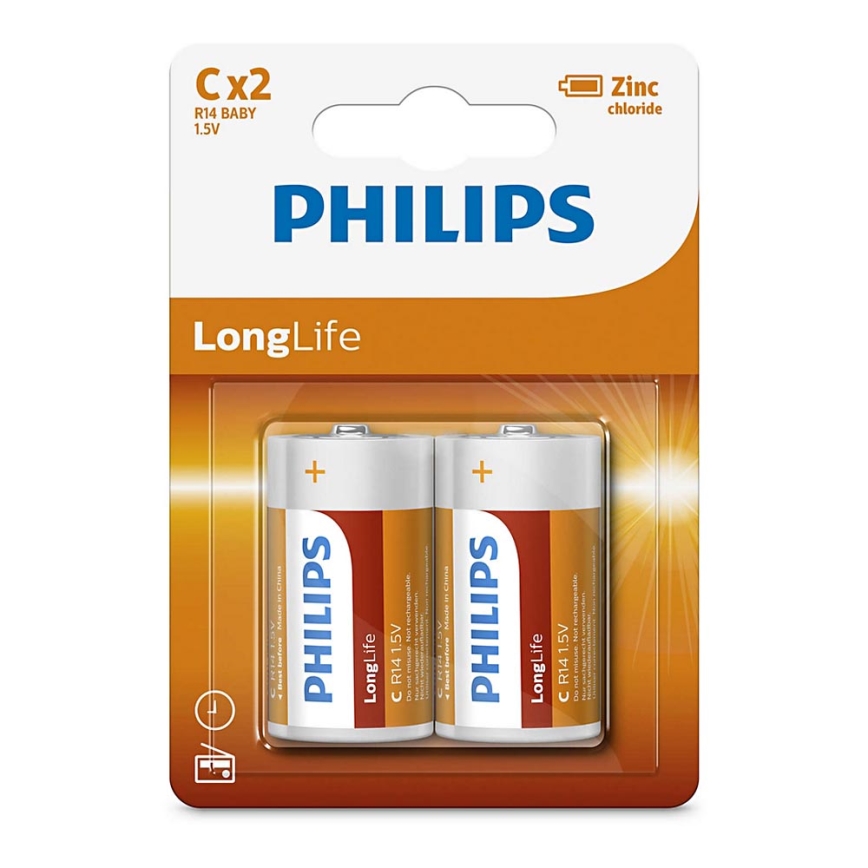 Philips R14L2B/10 - 2 st. Zinkchloride batterij C LONGLIFE 1,5V 2800mAh