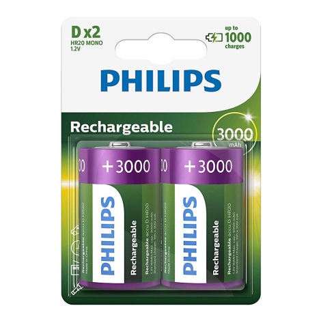 Philips R20B2A300/10 - 2 st. Oplaadbare batterijen D MULTILIFE NiMH/1,2V/3000 mAh