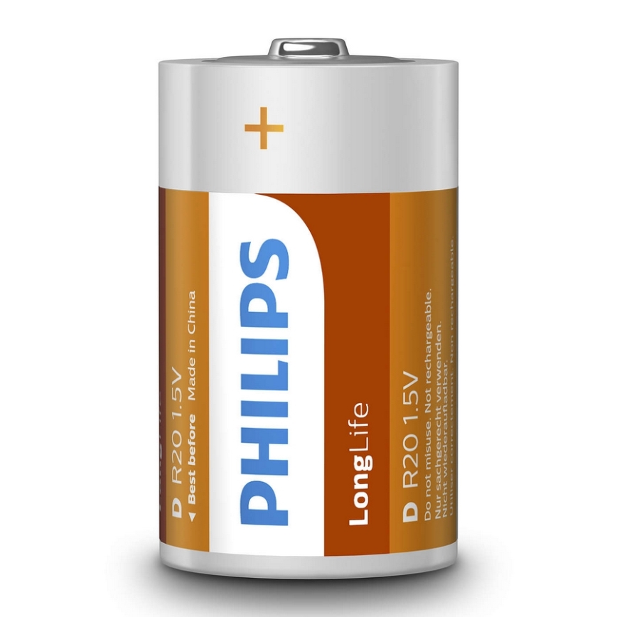 Philips R20L2B/10 - 2 st. Zinkchloride batterij D LONGLIFE 1,5V 5000mAh