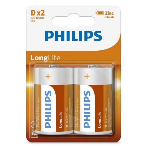 Philips R20L2B/10 - x2 Pile au chlorure de zinc D LONGLIFE 1,5V
