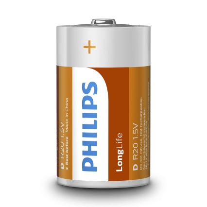 Philips R20L2F/10 - 2 stuks Zinkchloride batterij D LONGLIFE 1,5V 5000mAh