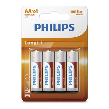 Philips R6L4B/10 - 4 st. Zinkchloride batterij AA LONGLIFE 1,5V 900mAh