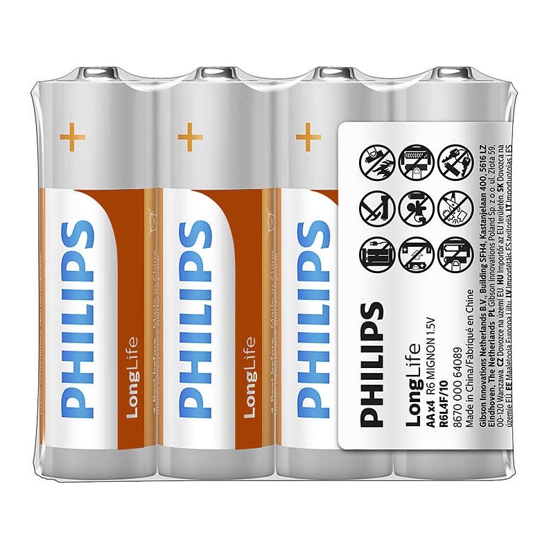 Philips R6L4F/10 - 4 pc Batterie au chlorure de zinc AA LONGLIFE 1,5V 900mAh