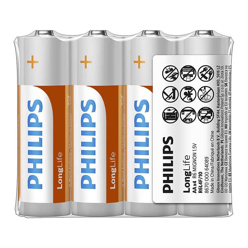 Philips R6L4F/10 - 4 stuks Zinkchloride batterij AA LONGLIFE 1,5V 900mAh