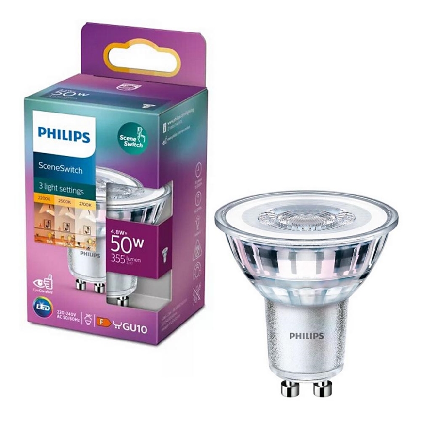 Philips SCENE SWITCH PAR16 GU10 LED-lamp, 4,8W/230V, 2200/2500/2700K — met 3 instelbare kleurtemperaturen