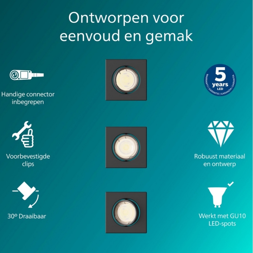 Philips - Set van 3 inbouwspots PERIDOT 1x GU10/7W/230V zwart