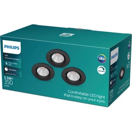 Philips - SET van 3 dimbare inbouw LED-spot SPARKLE LED/5,5W/230V 2700K zwart