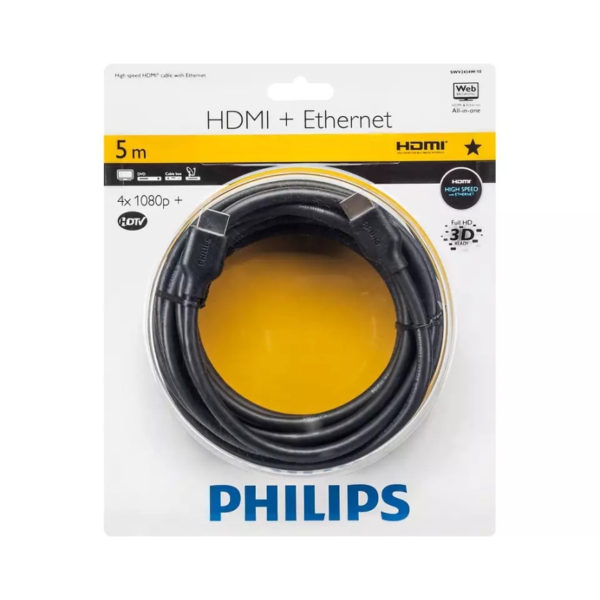 Philips SWV2434W/10 - HDMI kabel met Ethernet, HDMI 1.4 A connector 5m zwart