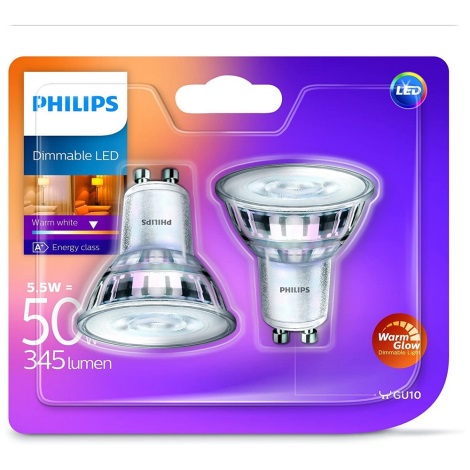 Philips Warm Glow  - SET van 2 LED Dimbare Lampen GU10 / 5.5W / 230V 2200K – 2700K
