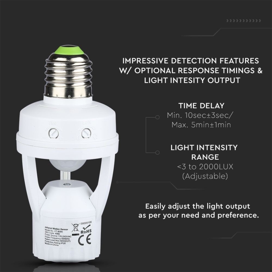 PIR-sensor voor E27-lamp, wit