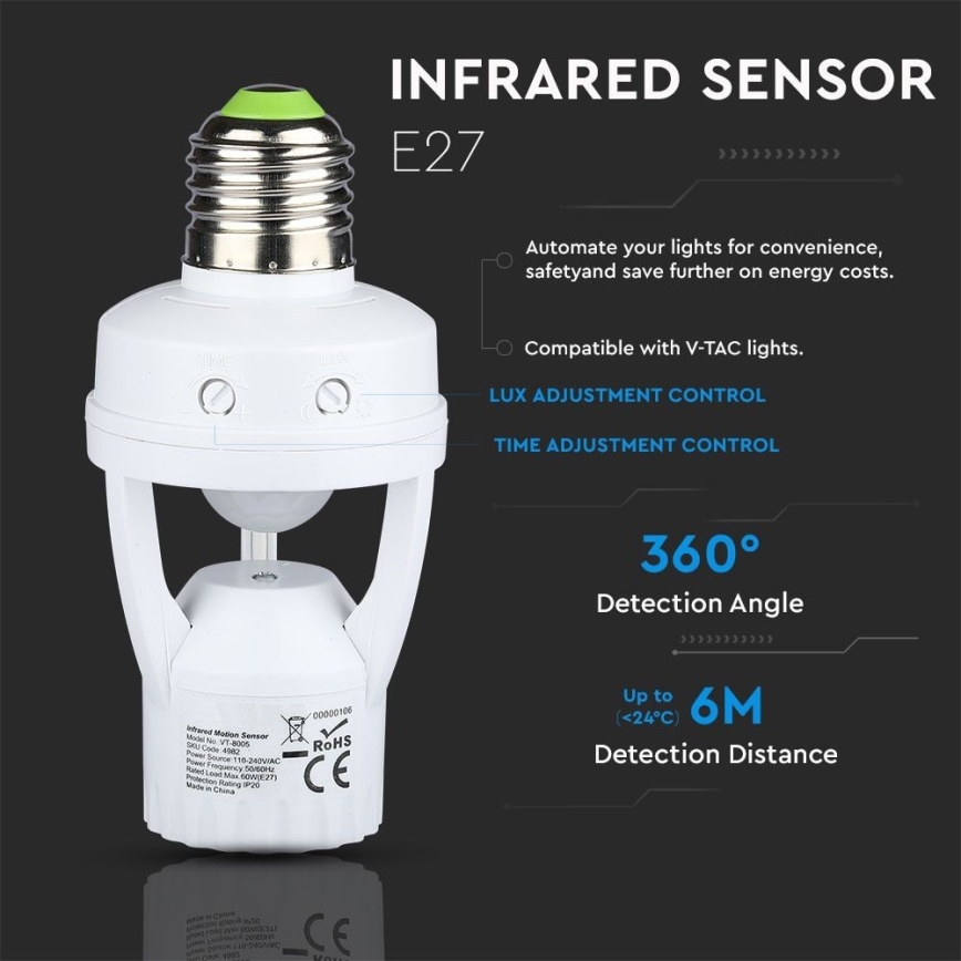 PIR-sensor voor E27-lamp, wit