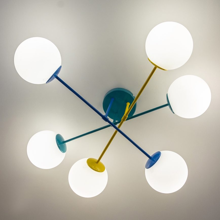 Plafonnier à montage en saillie MOON 6 x E27 / 15 W / 230 V, turquoise / jaune / bleu