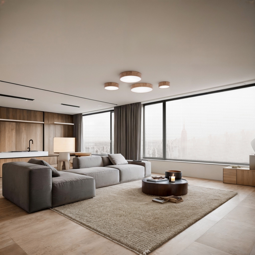 Plafonnier CLEO avec détecteur de mouvement et crépusculaire 6xE27/24W/230V Ø 80 cm chêne