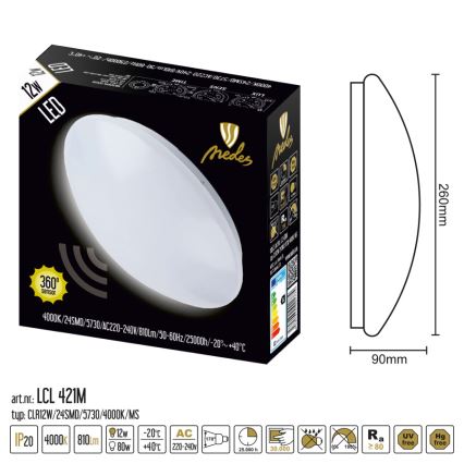 plafonnier LED avec détecteur LED/12W/230V 4000K