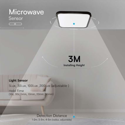 Plafonnier salle de bain avec détecteur LED/18W/230V 4000K IP44 noir + télécommande