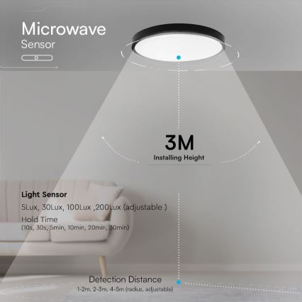 Plafonnier salle de bain avec détecteur SAMSUNG CHIP LED/36W/230V IP44 4000K d. 42 cm noir + télécommande