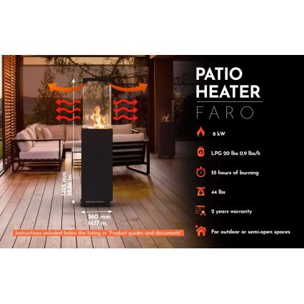 Planika - Buiten gas haard 142x36 cm 8kW 1xAAA zwart + beschermende hoes