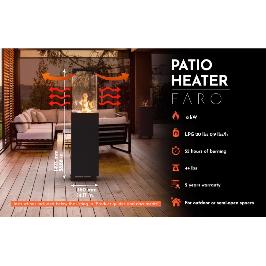 Planika - Buiten gas haard 142x36 cm 8kW 1xAAA zwart + beschermende hoes