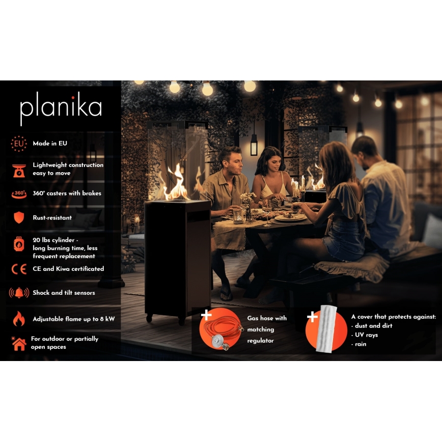 Planika - Buiten gas haard 142x36 cm 8kW 1xAAA zwart + beschermende hoes