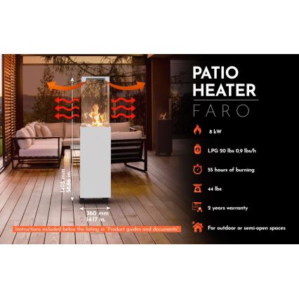 Planika - Buiten gashaard 142x36 cm 8kW 1xAAA wit + beschermhoes