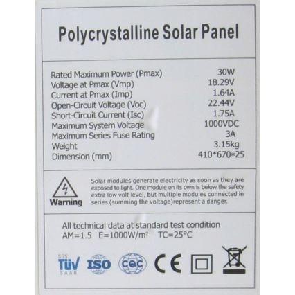 Polykristallijn fotovoltaïsch zonnepaneel 30W/12V