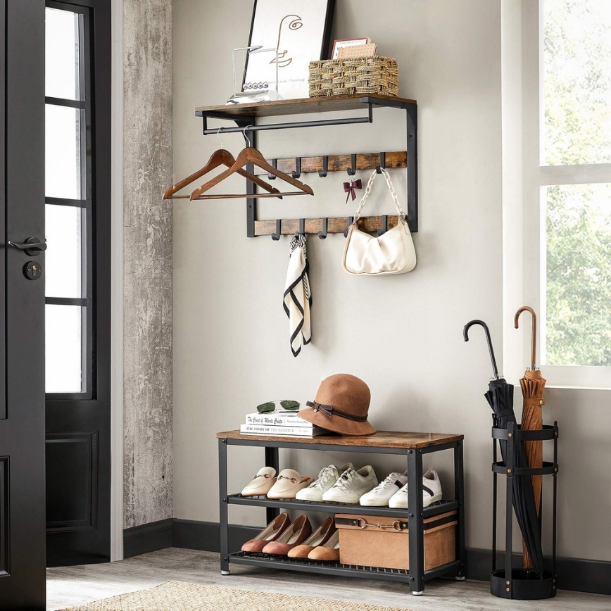 Porte-manteau mural avec étagère NATE marron/noir