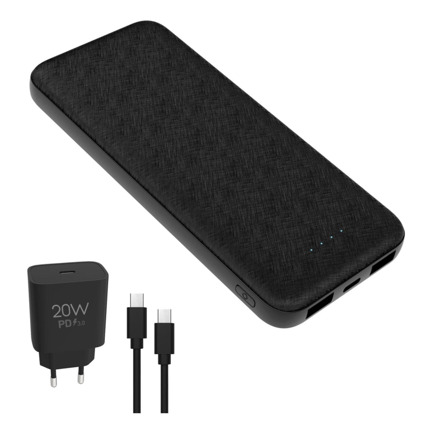 Powerbank 10000 mAh + adapter 20W Power Delivery + USB-C/USB-C kabel 1m zwart