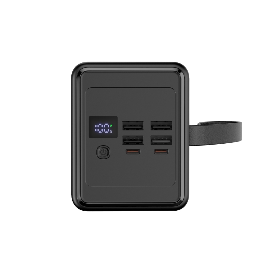 Powerbank 70000 mAh 20W Power Delivery 4xUSB-A + 2xUSB-C met LED Zaklamp met haak en magneet en USB-C kabel 1m zwart