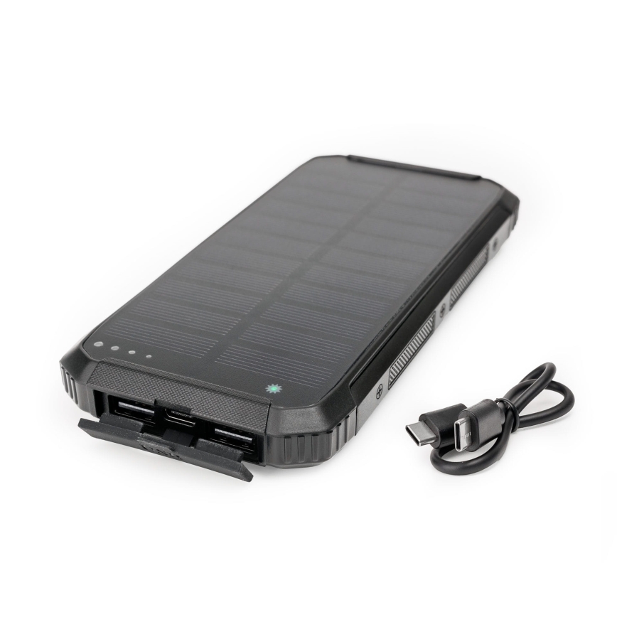 Powerbank met LED-licht, draadloos opladen en zonnepaneel Power Delivery 15W/10000 mAh zwart