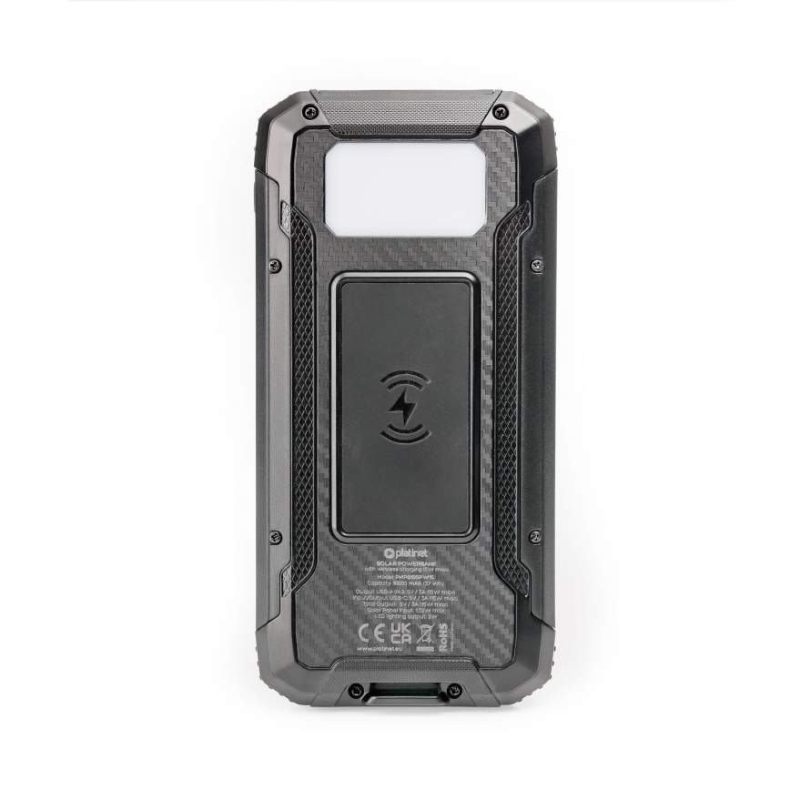 Powerbank met LED-licht, draadloos opladen en zonnepaneel Power Delivery 15W/10000 mAh zwart