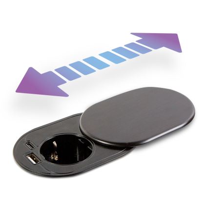 Prise encastrable avec couvercle coulissant — 1 prise secteur + USB-C + USB-A, noir