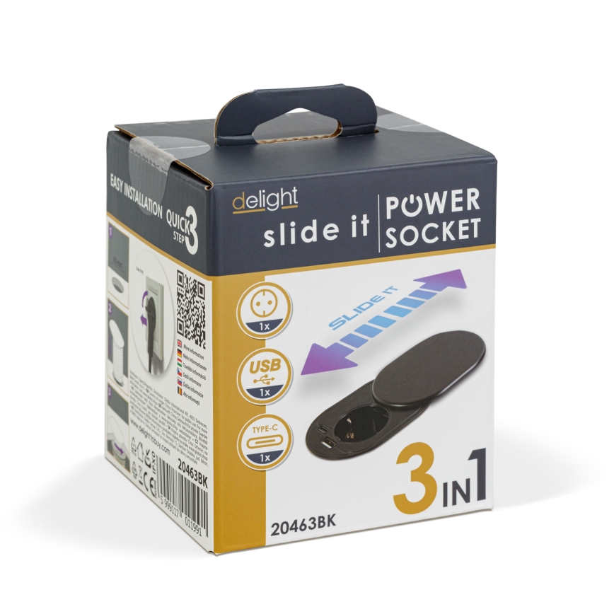 Prise encastrable avec couvercle coulissant — 1 prise secteur + USB-C + USB-A, noir