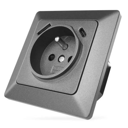 Prise murale française 250V/16A avec USB-A+USB-C, anthracite