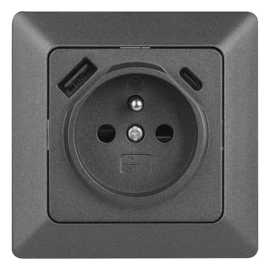 Prise murale française 250V/16A avec USB-A+USB-C, anthracite