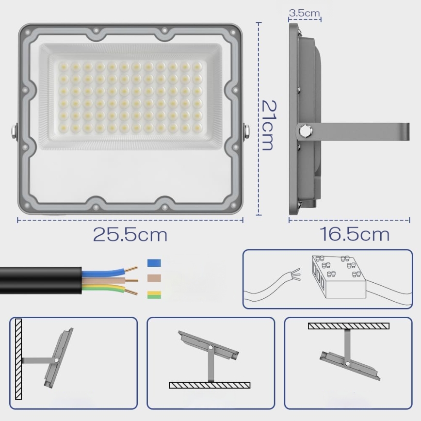 Projecteur LED d'extérieur 100 W, 230 V, 4500 K, IP65, gris