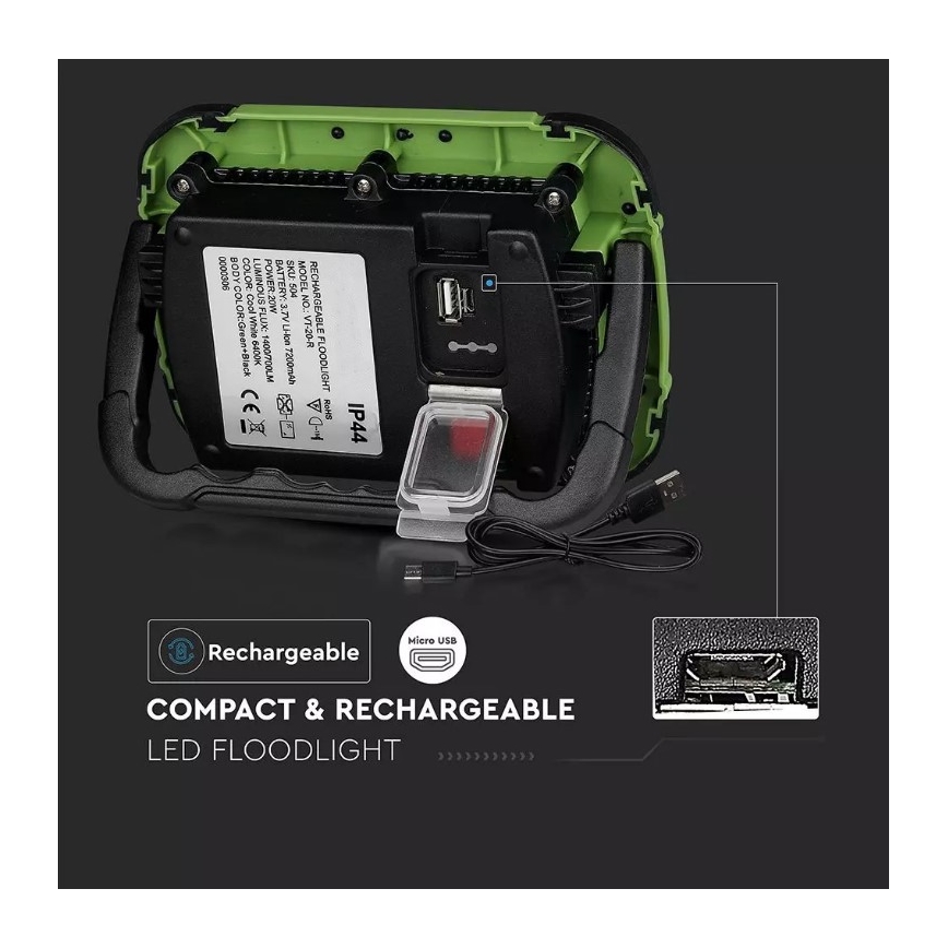 Projecteur rechargeable à intensité variable SAMSUNG CHIP + fonction SOS LED/20W/3,7V/USB IP44 4000K 7200 mAh vert