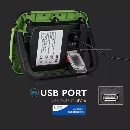 Projecteur rechargeable à intensité variable SAMSUNG CHIP + fonction SOS LED/20W/3,7V/USB IP44 4000K 7200 mAh vert