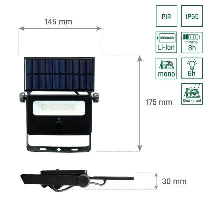 Projecteur solaire avec détecteur de mouvement et de crépuscule NOCTIS LED/2W/1800 mAh 3,7V 6000K IP65