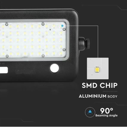 Projecteur solaire LED dimmable avec capteur, 10W/3,7V, 4000K, IP65, 7200 mAh + port USB