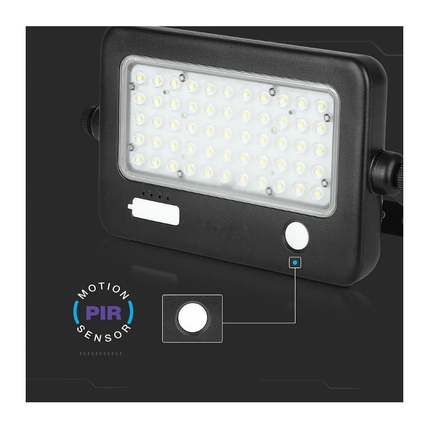 Projecteur solaire LED dimmable avec capteur, 10W/3,7V, 4000K, IP65, 7200 mAh + port USB