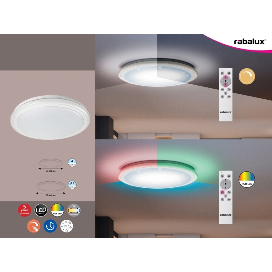 Rabalux - Dimbare LED-plafondlamp met afstandsbediening, RGB, 32W, 230V, Ø 40 cm