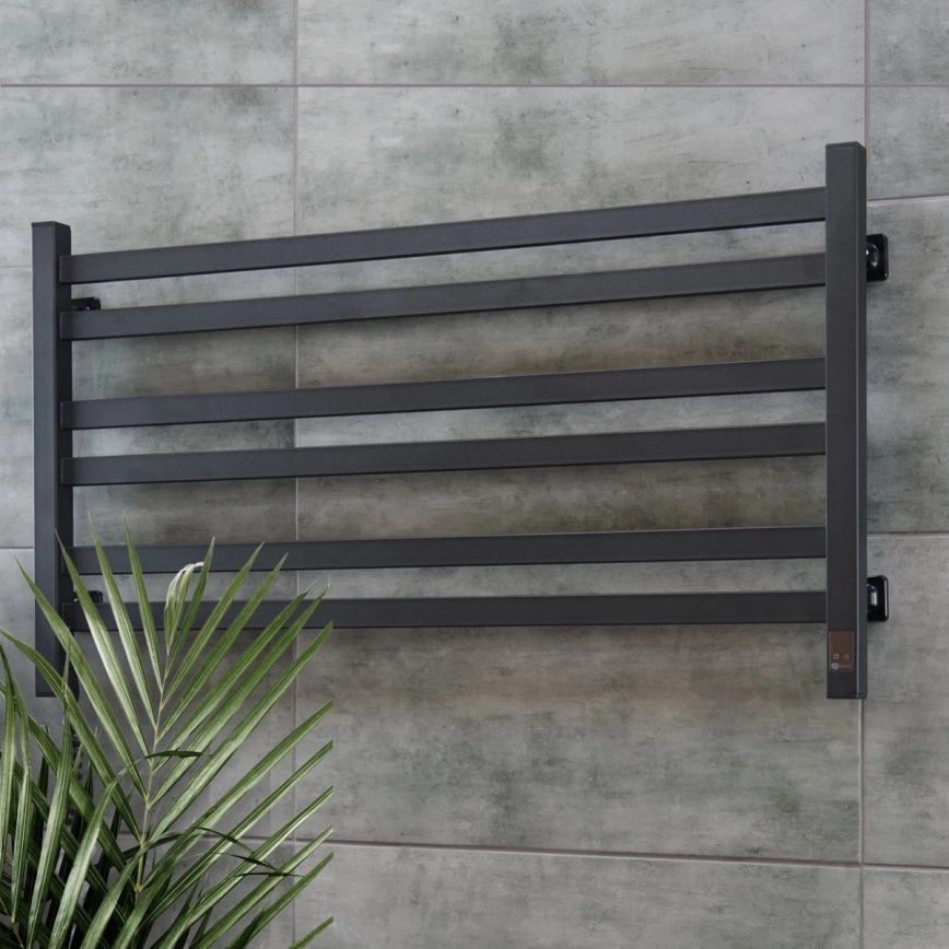 Sèche-serviettes pour salle de bains AVANGARD avec thermostat 316 W/230 V, 50,6 cm, IP44, noir, côté gauche, à angles droits